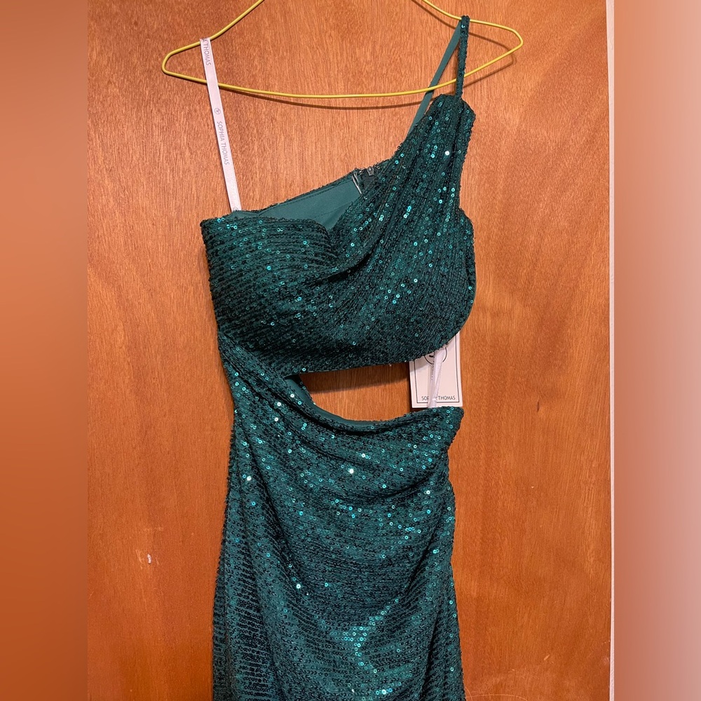 Formal gown, prom dress. Hunter green sequin, one strap, high slit, open back.